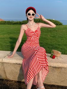 Váy Dài Không Tay Màu Đỏ Pháp Cho Nữ Mùa Hè Đi Biển Quần Áo Đi Biển Mùa Hè Váy Dài Chữ a Cạp Cao Vải Polyester