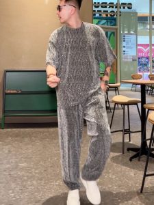 High-End Summer Mens Fashion Loose Fit Short Sleeve Diamond Embellished Two-Piece Set High Elasticity Casual Sportswear