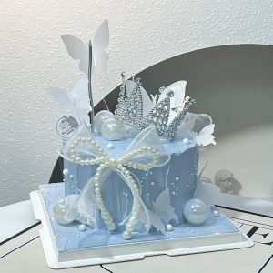 Trendy Diamond Crown Cake Decoration Pearl Butterfly Knot Goddess Girl Birthday Party Costume Plugin Festive Celebration Supplies