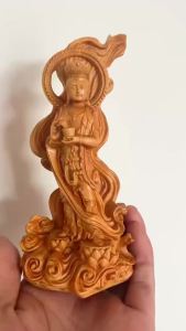 Handmade Cypress Wood Carving Guanyin Statue Standing Buddha on Lotus Feng Shui Decor for Home Office Protection 16cm