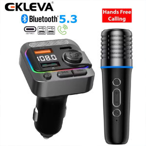 EKLEVA Bluetooth 5.3 Car FM Transmitter Type-C Dual USB Charging Car Audio MP3 Player Hands Free Calling with Karaoke Car Microphones