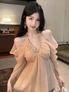 GUZILIAN | Áo vest nữ thời trang mùa hè mới rộng rãi gợi cảm đính kim cương phong cách ngọt ngào chất liệu cotton cổ chữ V tay ngắn dài từ 50cm đến 65cm