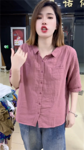 เสื้อเชิ้ตผู้หญิงผ้าฝ้ายลินินฤดูร้อน 2025 แฟชั่นสุดเก๋ แขนสั้น ดีไซน์เรียบง่าย สไตล์สตรีท แขนสั้น คอโปโล ปกติ