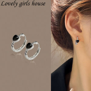 【♡Lovely girls house♡】Black Love Hoop Earrings for Women Female Simple Heart Earrings Korean Party Jewelry Gift