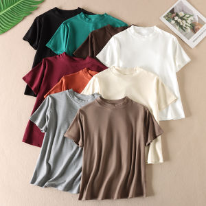 เสื้อยืดคอกลมแขนสั้นผ้าฝ้ายยืดสำหรับผู้หญิงในช่วงฤดูร้อน สไตล์ลำลอง สวมใส่สบาย ทรงเข้ารูป ปกติ