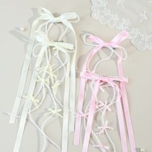 2Pcs White Satin Bow Hair Clips With Pearl Chains Elegant Long Ribbon Hairpins Sweet Romantic Hair Accessories For Girls Women