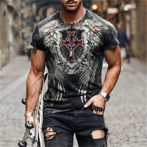 Summer Fashion Street Style Loose Fit Mens Sporty Short Sleeve T-Shirt with New Pattern Print V-Neck Casual Travel Wear