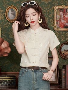 New 2025 Womens Slim Fit Short Sleeve Cheongsam Top Chinese Style Retro Button up Shirt Summer Fashion Commute Straight Cut