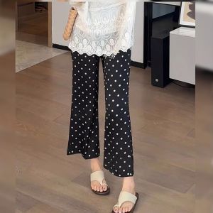 BINKAFENNY | Plus Size Womens Casual Black Polka Dot Nine-Foot Pants High Waist Elastic Waist Slim Straight Leg Long Trousers Summer Fashion