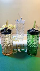 แก้วน้ำทรงเพชร หรูหรา กระบอกน้ำมีฝาปิดพร้อมหลอด เลือกสีได้ 330ML M05