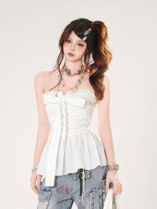 Kelly Kitty French Style Slim Fit T-Shirt Womens Summer Wrap Waist Hot Girl White Envelope Shoulder Shirt Top