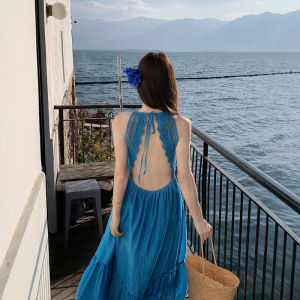 DUOFEIYAN | Blue Lace Spliced Halter Strap Beach A-Line Swing Dress