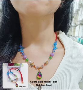 Kalung Batu Kristal Alam 2 Fungsi Korean Style Warna Kombinasi Anti Luntur Anti Karat StainlessSteel