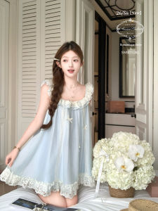 Handcrafted Square Neck Lace Bow Loose Dress