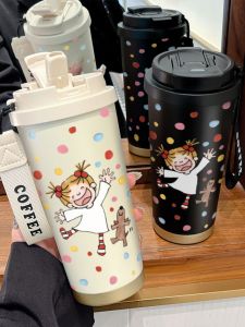 Portable Insulated Stainless Steel Coffee Cup for Girls with Straw Cute Cartoon Design Versatile Outdoor Use 6-12 Hours Insulation