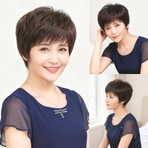 Middle-aged and elderly wig woman fluffy short straight hair Qi bangs fashion mother chemical fiber short hair full head wig