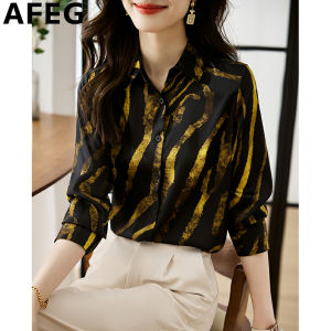 AFEG Korean shirt collar fashion casual loose striped printed chiffon long sleeve blouse for women