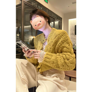 BINKAFENNY | Ladies Yellow Knitted Short Cardigan Coat Korean Style Autumn Winter Fashion Sweater Small Size Top Comfortable Lazy Style