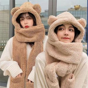 URBAG Thickened Plush Hat Scarf Gloves Set Winter Warm Solid Color Integrated Cap Scarf Casual Cute Bear Ear Ear Protection Caps Outdoor