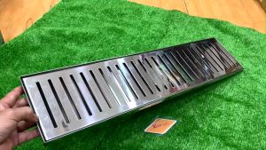 Phễu thoát sàn 14x60cm KAG-TSD245 (D90-114) mặt sọc sang trọng thoát sàn nhà tắm hình chữ nhật SUS304 inox dập khuôn sáng bóng cao cấp