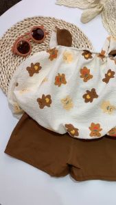 High quality  short  Baby girl light colour broken flower suspender skirt suit  100% cotton