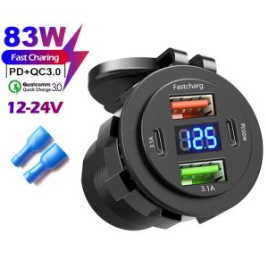 NEW 4 Ports Dual PD Dual QC 3.0 USB Car Charger with Voltmeter Socket Power Outlet Adapter Waterproof for 12V/24V Car Boat