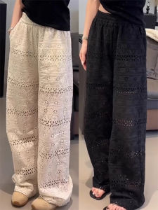 WANGGONGZHU | High Waist Lace Hollow Wide Leg Pants Women Summer Thin Straight Loose Casual Fashion Long Trousers Floor Length Princess Style