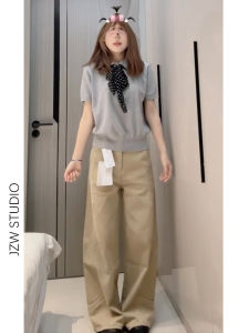 Khaki Wide Leg Jeans Womens Loose Straight Floor-Length Pants High Waist Zipper Closure Casual Trousers Slimming Effect