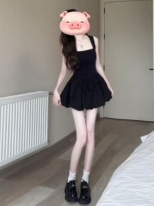 CHANGTONG | Elegant Hepburn Style Black Dress French Chic Strap Design Waist Cinched Flared Skirt Short Length Solid Color Spring Summer