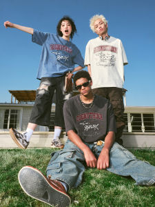 Vintage Aesthetic Distressed Letter & Dog Pattern Tee