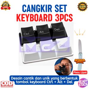 GELAS KEYBOARD Set isi 3 Cangkir Plus Nampan Hitam Bonus Pisau Lipat Cantik - Gelas Unik berbentuk Keyboard paduan tombol Ctrl Alt Del - Gelas Unik Cafe Mug - Cangkir Minuman - Gelas Unik Lucu - Gelas Unik Korea - Gelas Unik Plastik - Bisa COD