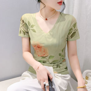 REHIN เสื้อผู้หญิงแขนสั้นเสื้อยืดคอวีตาข่ายลายดอกไม้แฟชั่นใหม่ฤดูร้อน บอดี้สูทหญิง