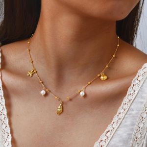 Kemstone Beach Summer Ocean Wave Stainless Steel Acrylic Pearl Conch Shell Womens Necklace 18K Gold