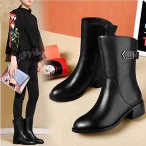 Comfortable Leather Womens Boots Fall Winter Mid-Calf Flat Bottom Short Boots Thick Heel Martin Boots Large Size Women Boots