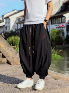 New Chinese Style Mens Ice Silk Pants Wide Leg Sports Harlan Loose Fit Quick Dry Casual Trousers with Pocket Elastic Waist
