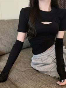 Áo Thun Tay Ngắn Ôm Vừa Vặn Thời Trang Thu Đông 2023 Dành Cho Nữ Áo Thun Cổ Tròn Tay Ngắn Áo Thun Cotton Pha Trộn