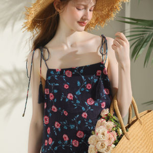 Miccbeirn | Elegant Ladylike Pure Linen Floral Print Vacation Style Wrap Dress Classy Long Gown For Summer Commute Fairy Skirt Design