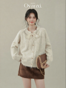 OUYANGXI | Áo Cardigan Len Kết Hợp Dải Nơ Cho Nữ