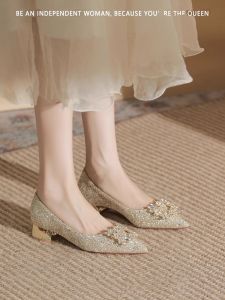 Champagne Crystal Engagement Shoes Wedding Dress Two-Way Wear Thick Heel 3cm Low Heel Bride Shoes No Foot Pain Daily Wear