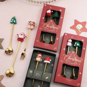 Christmas Spoon Fork Set Christmas Gift Two-piece Dessert Cutlery Cartoon Santa Elk Xmas Tree Snowman Decoration Spoon