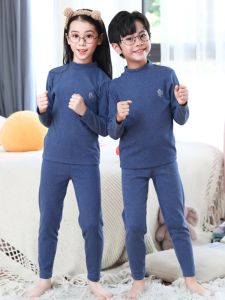 Warm Fleece Lined Underwear Set for Boys And Girls Half High Collar Anti-Bacterial Moisture Wicking Home Wear Thin Autumn Clothes