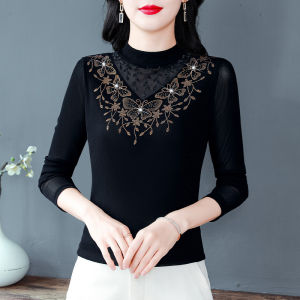 Black Mock-Neck Lace Mesh Bottoming Shirt for Women Fall and Winter Fancy Inner Match Small Shirt Western Style Ladieswear Velvet Hoodie