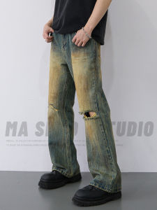 American Worn-look Washed Yellow Clay Dye Ripped Micro Stretch Mens Jeans Casual Loose Long Pants Spring 2025 Casual Jeans