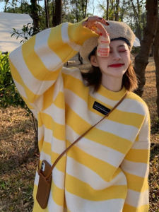 Thickened Lazy Style round Neck Overhead Striped Sweater Womens Autumn Winter Loose Fit Medium Length Comfortable Knitwear