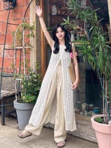 Elegant Knitted Long Dress Vest Top Womens Summer Fashion Back Split Design Layering Cover up Low round Neck Sleeveless Dress