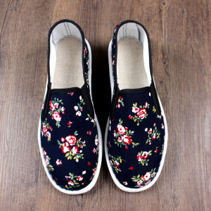 Handmade Beijing Floral Cloth Shoes Mens Workwear Breathable Lightweight Black Summer Rubber Sole round Toe Slip-On Shoes