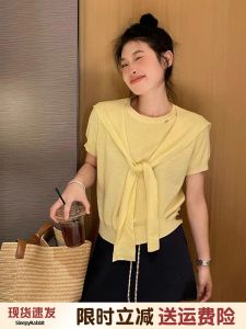 Áo Thun Nữ Tay Ngắn Dệt Kim Mùa Hè Mỏng Nhỏ Vai Xỏ Vai Áo Len Cardigan Hai Mảnh Thời Trang Công Sở Phong Cách Hàn Quốc