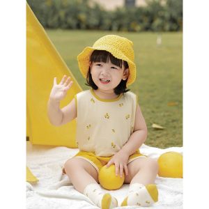 Youyou Girls Summer New Style Vest Thin Sleeveless T-shirt Loose Bloomer Pants Color Block Edge Fashion Fresh Cotton Blend Fabric