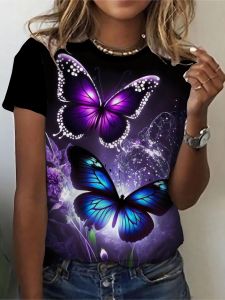 Womens Tee - Glowing Purple & Blue Butterfly Graphic Mystical Night Garden Design for Casual Daily Wear