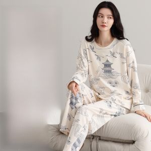 MiiOW | Pure Cotton Sleepwear Womens Long Sleeve With Chest Pad Spring Autumn New Style Outwear Home Clothes Cat Person MiiOW